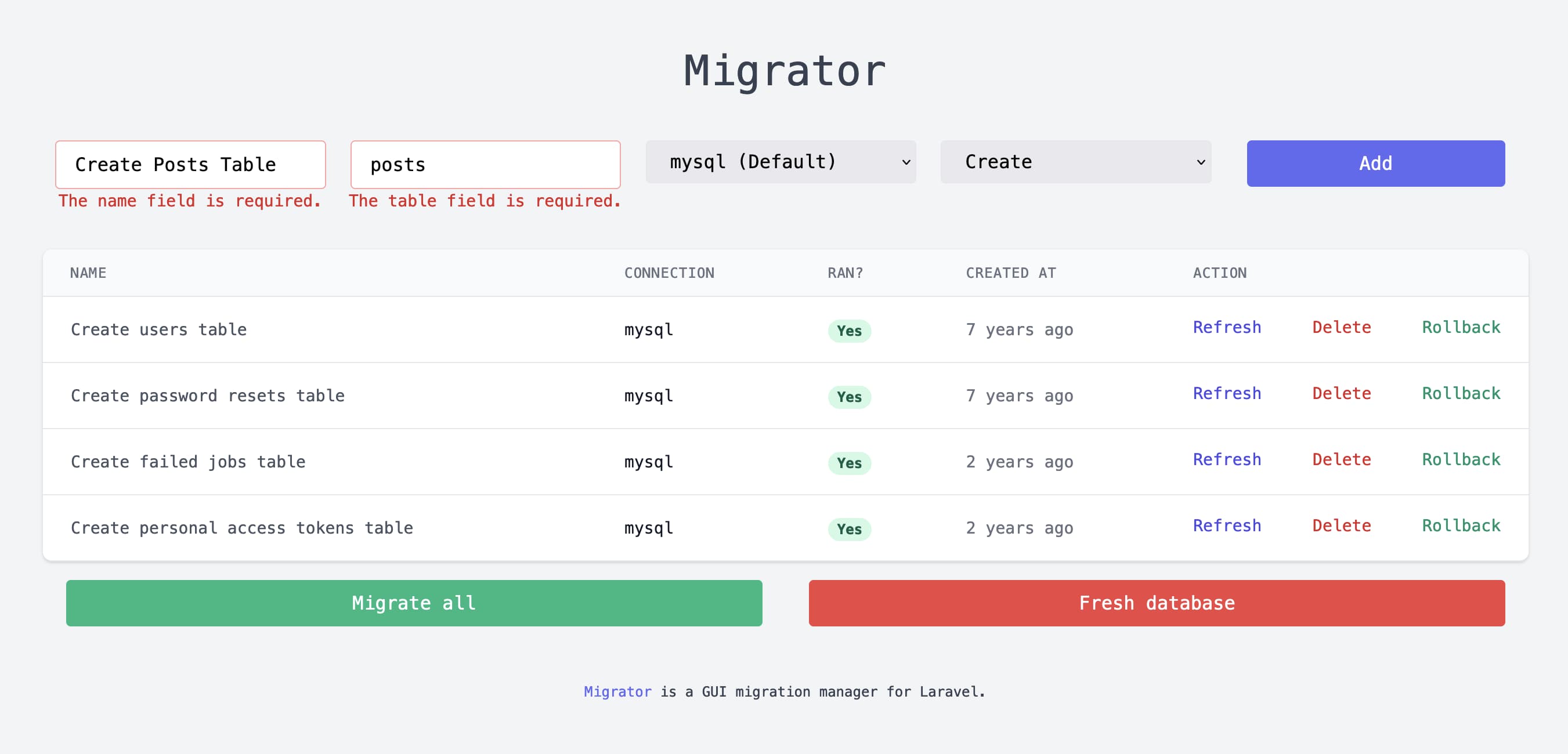 Migrator es una GUI para administrar migraciones de Laravel
